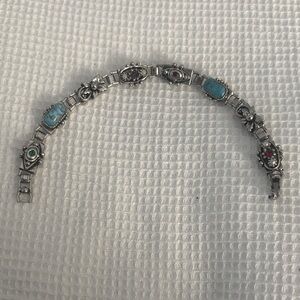 Chic Silver Bracelet with Turquoise and Red Accents